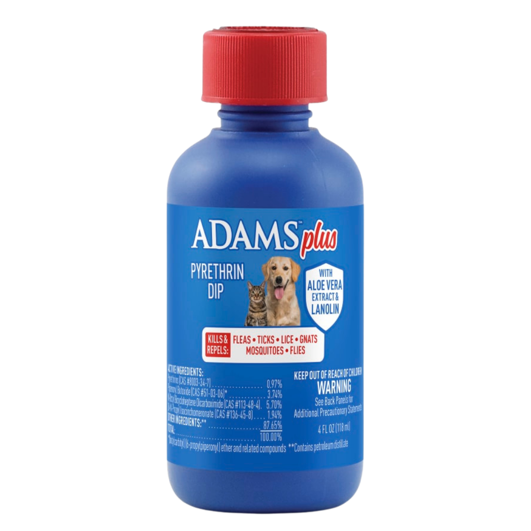 ADAMS™ Plus Pyrethrin Dip for cats and dogs. Blue bottle with red cap.
