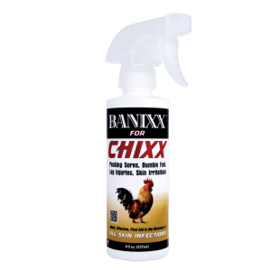 BANIXX for Chixx - White 8 fl. oz. spray bottle with black, red and gold label.