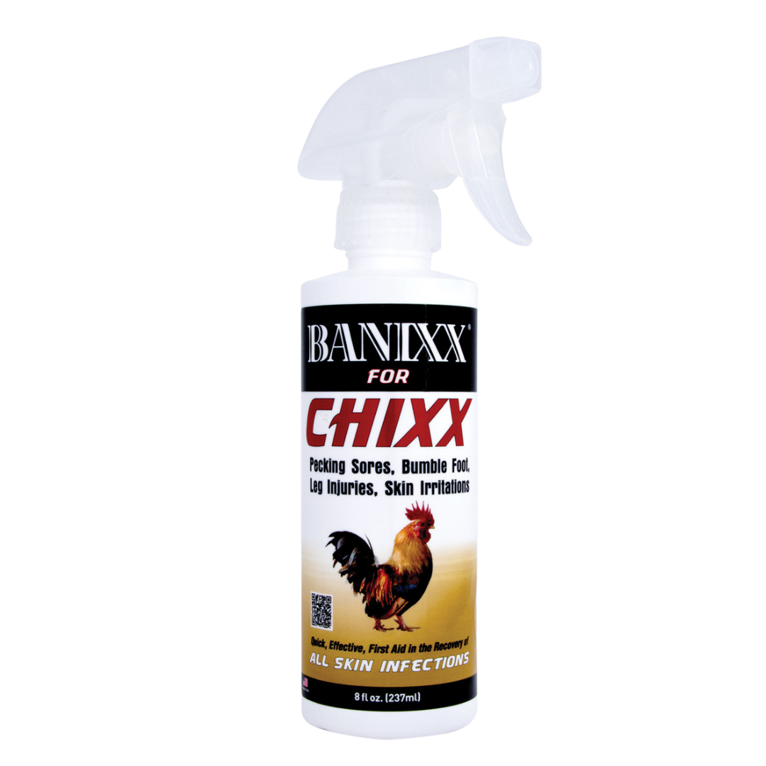 BANIXX for Chixx - White 8 fl. oz. spray bottle with black, red and gold label.