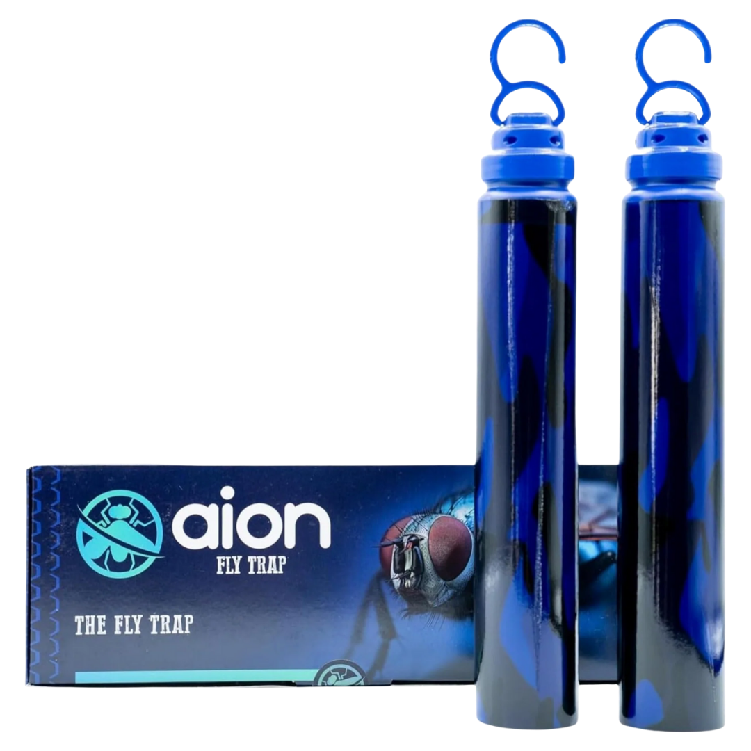 Aion Fly Trap, product box and two blue tubes.