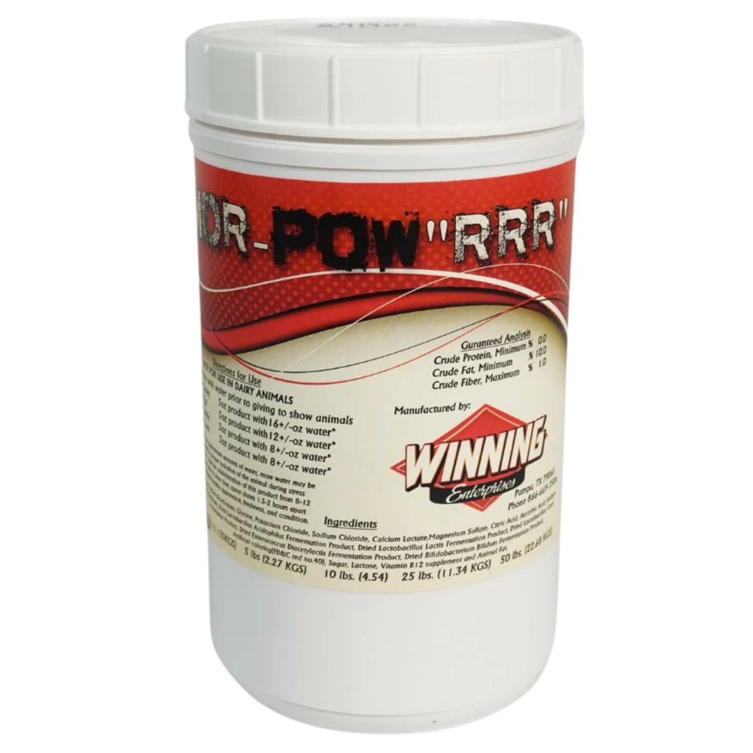Mor-Pow "RRR" Livestock Show Supplement. White container.