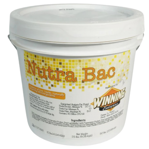 Nutra Bac Show Supplement. White 25-lb pail with yellow label.