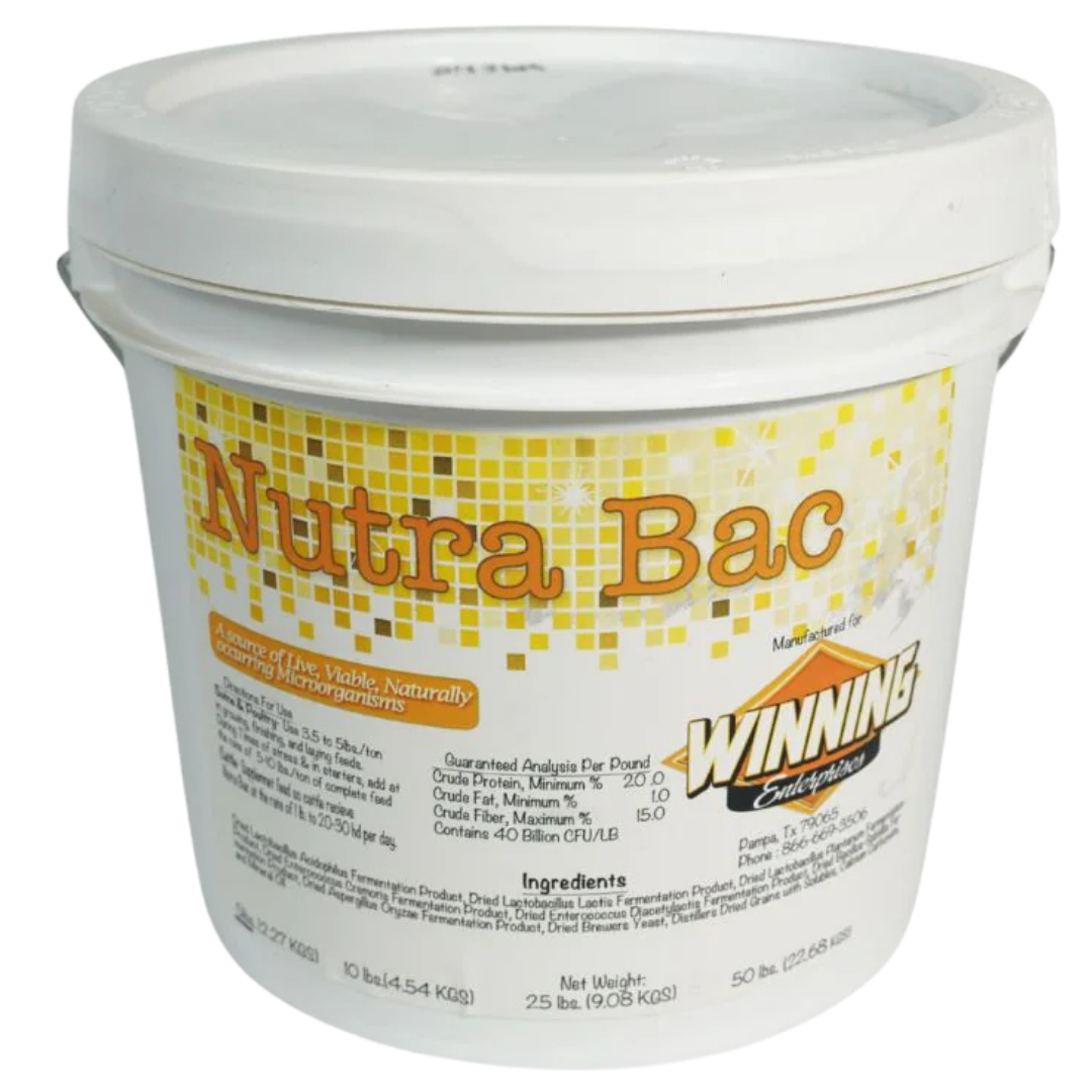 Nutra Bac Show Supplement. White 25-lb pail with yellow label.