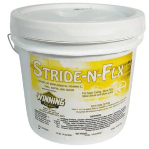 Stride-N-Flx in white pail with yellow label.