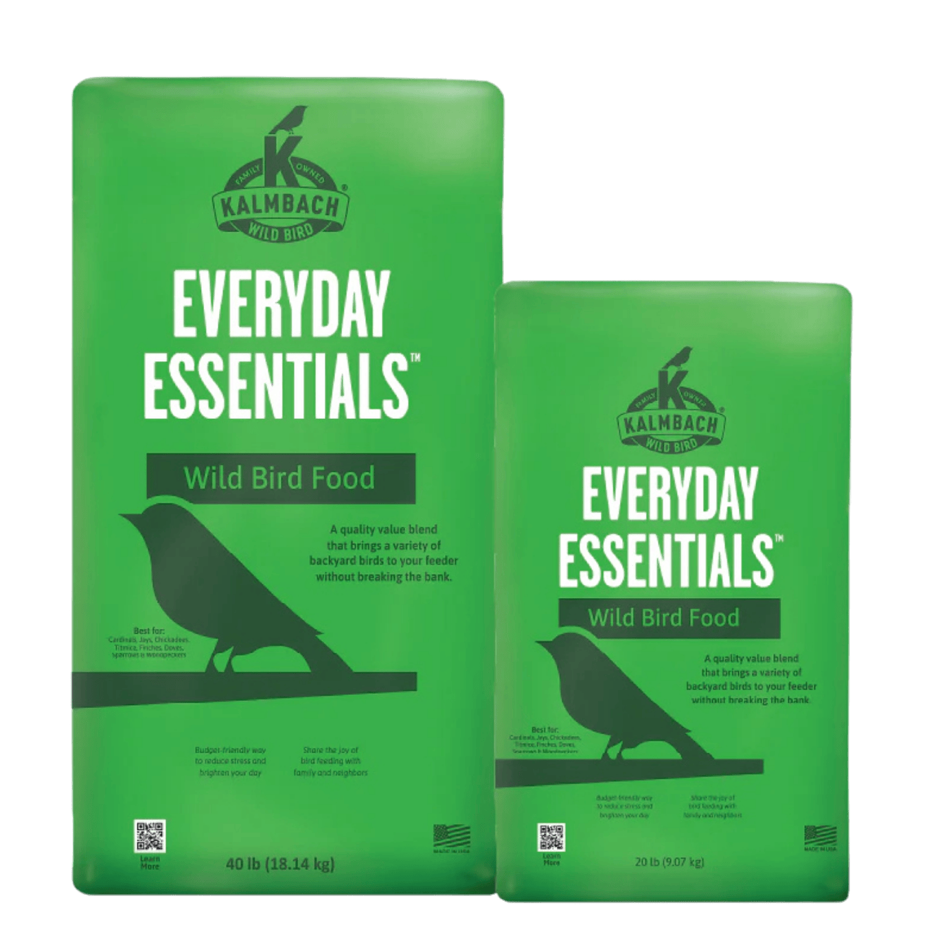 Kalmbach Everyday Essentials Wild Bird Food. 20-lb and 40-lb shown.
