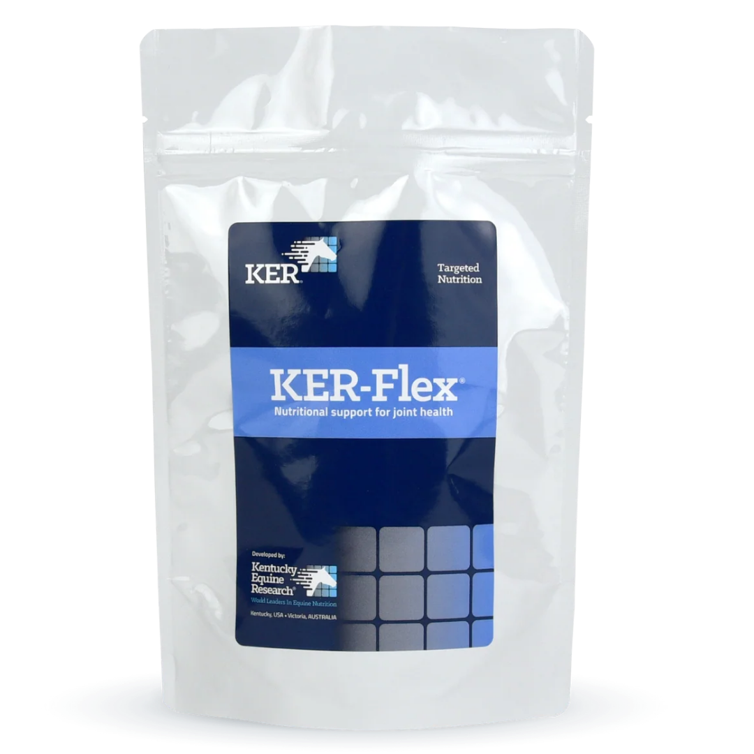 KER-Flex Broad-Spectrum Support for equine Joint Health. White bag with blue label.